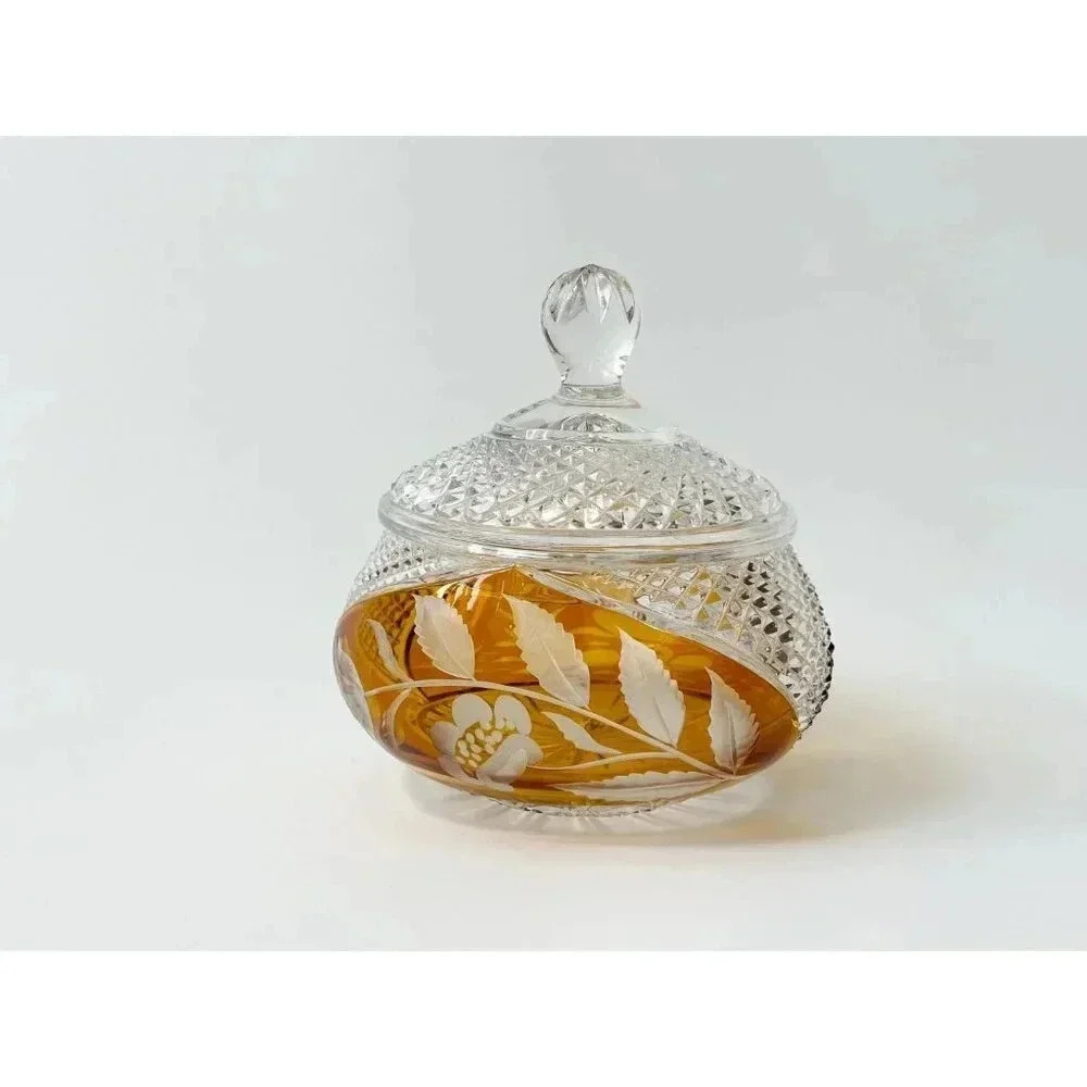 Julia Vintage Crystal Factory Diamond Cut Glass Swan & Foliage Polish Made Jar - Picture 2 of 9